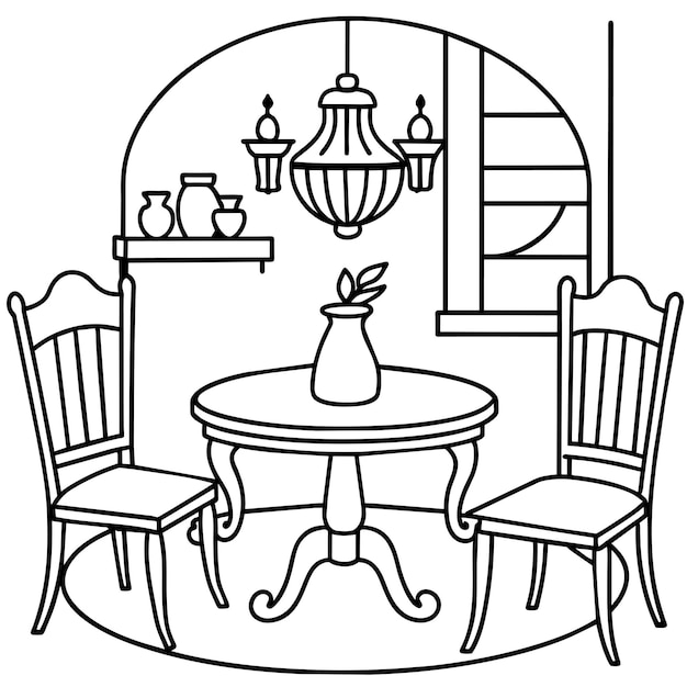Muebles de mesa, sillas y interiores de habitaciones para colorear