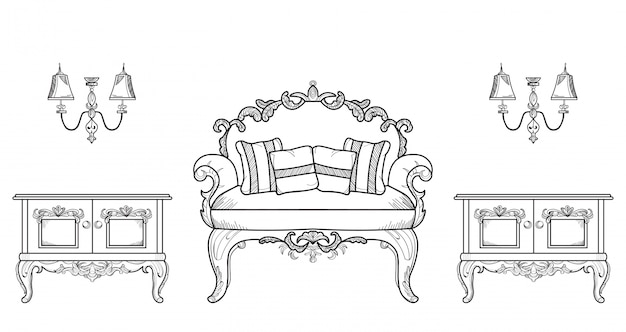 Muebles de mesa con sillón y cómoda con lujosos adornos. vector de estructura intrincada rica de lujo francés. decoración de estilo victoriano real