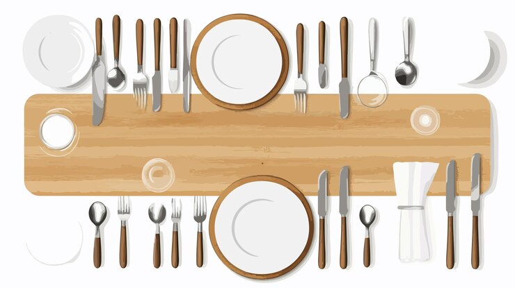 Vector muebles de mesa y vajilla de madera de ángulo ancho para la decoración del hogar