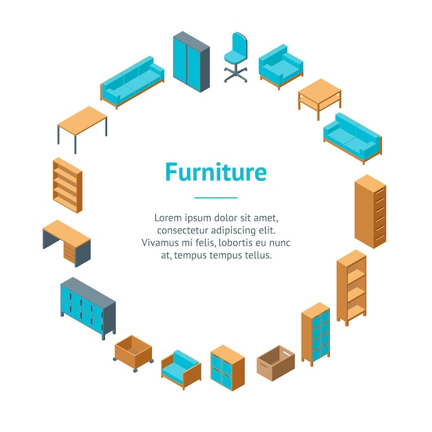Muebles de oficina 3d Banner Card Circle Vista isométrica Incluye de mesa, silla, sofá, sillón y estantería Ilustración vectorial