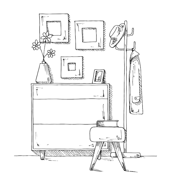 Muebles en el pasillo Ilustración vectorial en estilo boceto