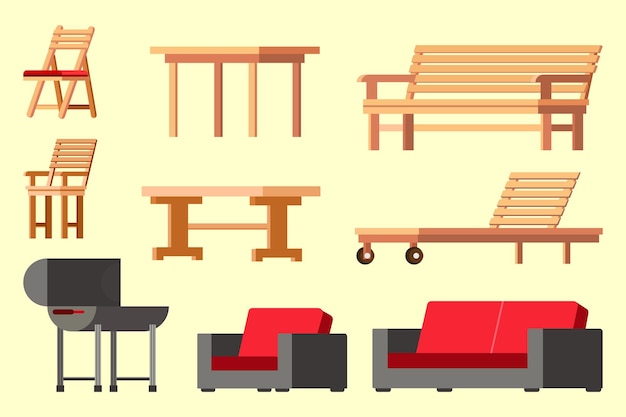 Vector muebles de patio, sillas de terraza de verano, sofá de mesa