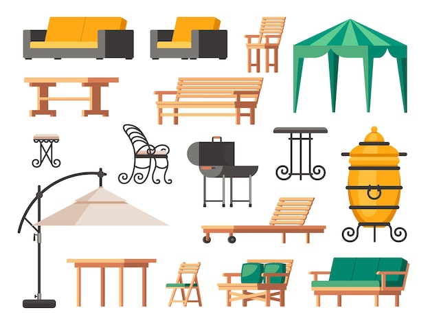 Muebles de patio terraza de verano silla mesa sofá paraguas jardín y veranda salón iconos con parrilla de barbacoa en el patio trasero conjunto aislado vectorial