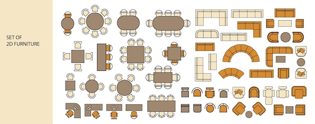 Muebles para el plano de piso Mesas de vista superior camas sillas sofás armarios, etc. Vector
