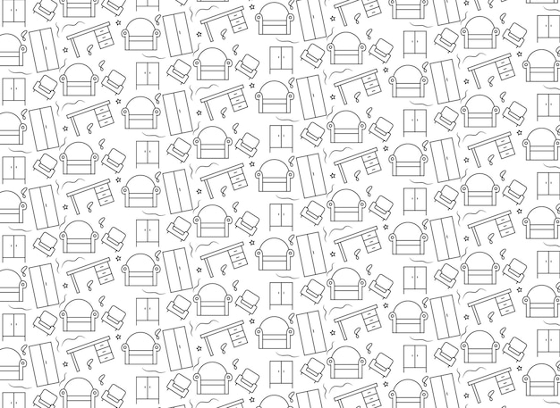 Muebles relacionados con el patrón sin costuras y el fondo con iconos de línea
