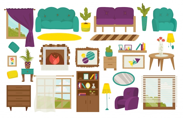 Muebles de sala de estar, juego de interiores de casa, sofá, mesa, lámpara y gabinete con libros, ventana, sillón y ventana, ilustración de plantas en macetas. Mobiliario de salones o departamentos.