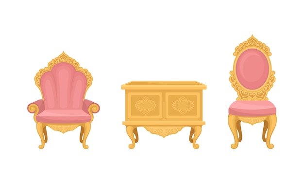 Muebles vintage y diseño de interiores con sillas tapizadas y set vectorial de cajones