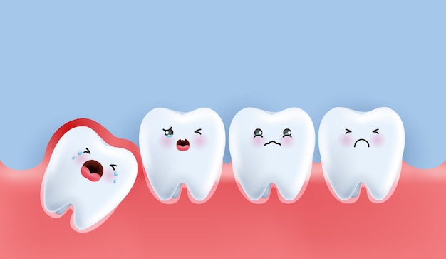 Las muelas del juicio debajo de las encías causan dolor en la boca El carácter de la muela del conocimiento afectado empujando los dientes adyacentes causando inflamación dolor de dientes diseño vectorial de dolor de encías