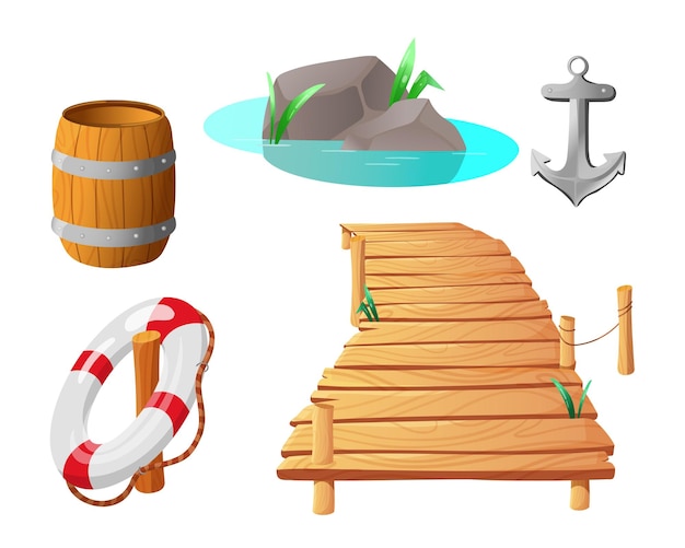 Muelle de madera, ancla, conjunto de ilustración de dibujos animados de anillo de flotación. Malecón o muelle para la pesca, herramientas para marineros, piedra en lago y barril de madera. Mar, canoa, concepto de playa de verano.