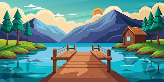 Vector un muelle de madera con un barco en el agua y montañas en el fondo ilustración de arte vectorial