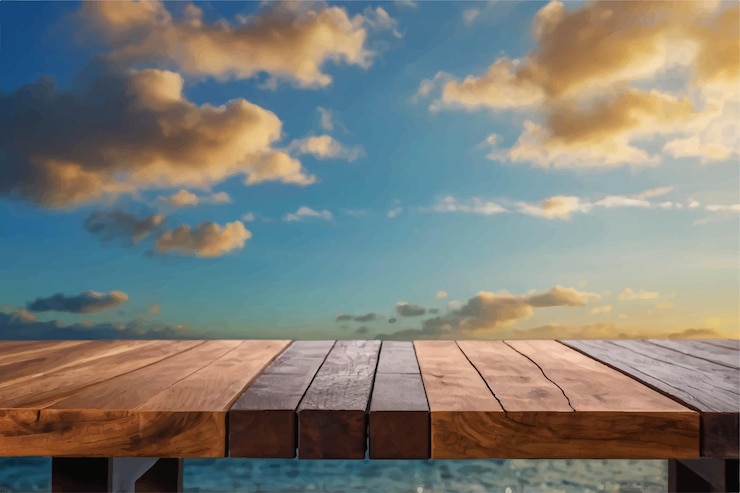 Vector un muelle de madera con una cubierta de madera y un cielo con nubes