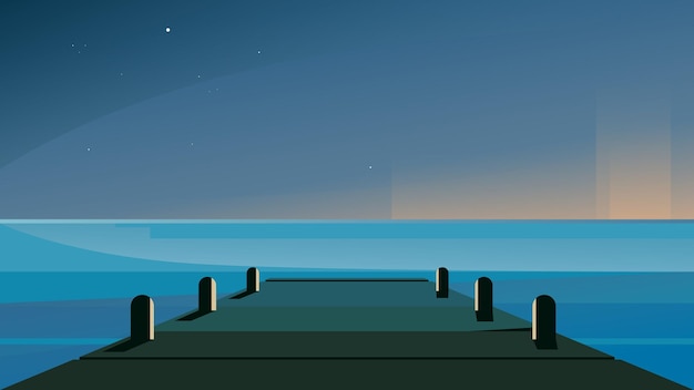 Vector muelle de mar en la noche. hermoso paisaje natural.