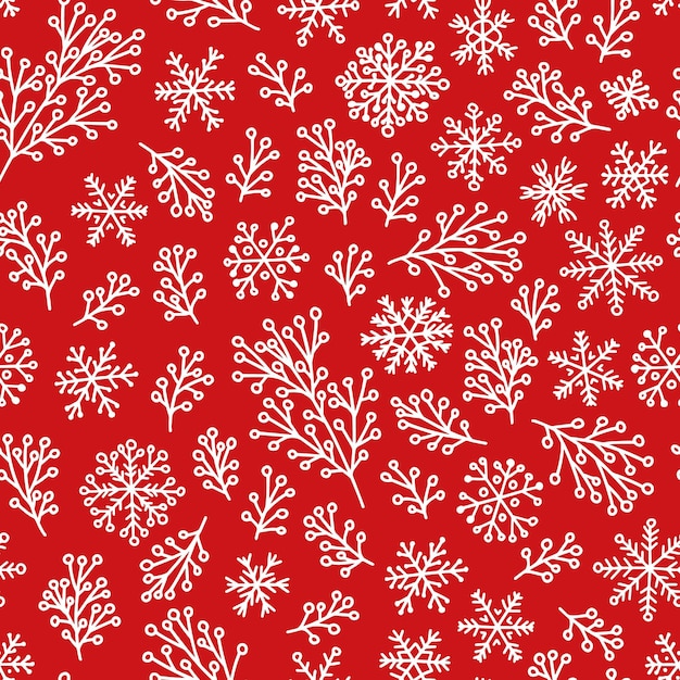Muérdago dibujado a mano y copos de nieve vector de patrones sin fisuras Doodle hierba de invierno aislada sobre fondo rojo