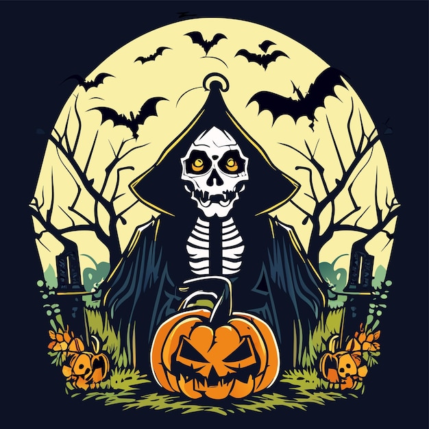 Vector muerte, halloween, fumeta, cráneo, mano, dibujado, caricatura, pegatina, icono, concepto, aislado, ilustración