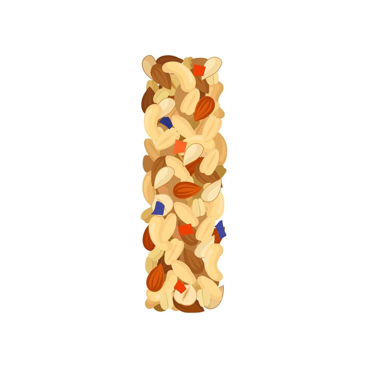 Vector muesli crujiente con almendras, anacardos, cacahuetes y semillas, primer plano, ilustración vectorial sobre fondo blanco