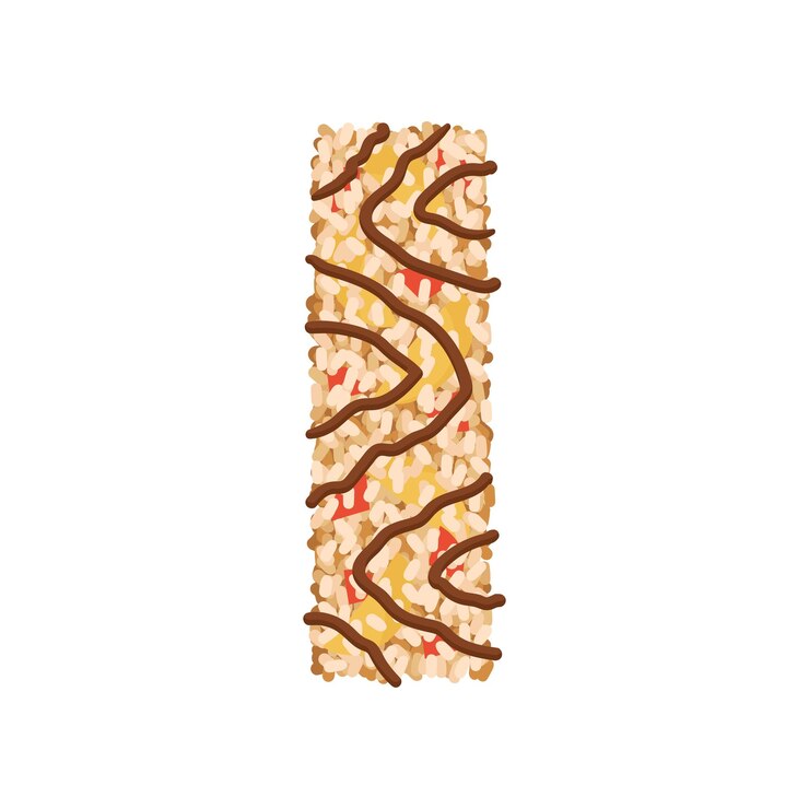 Vector muesli seco con anacardos y trozos de fruta primer plano decorado con barras de chocolate ilustración vectorial sobre fondo blanco