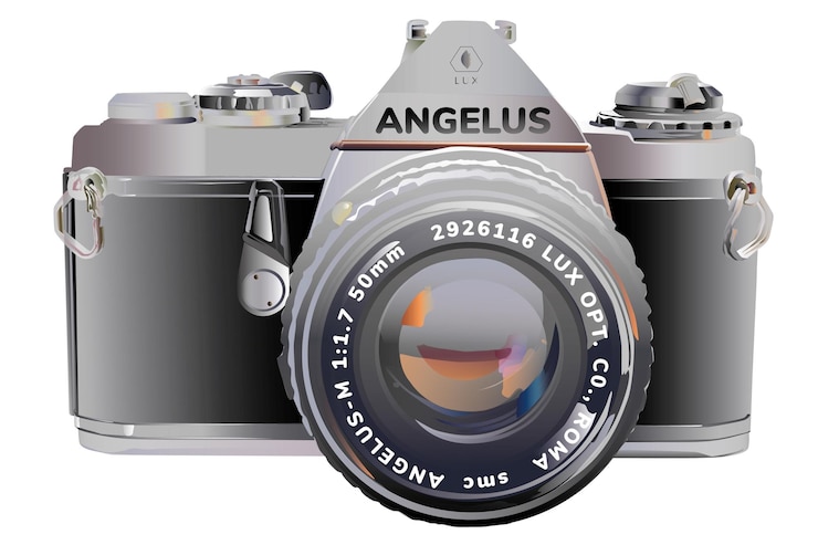 Vector se muestra una cámara angelus con una lente en la parte inferior.
