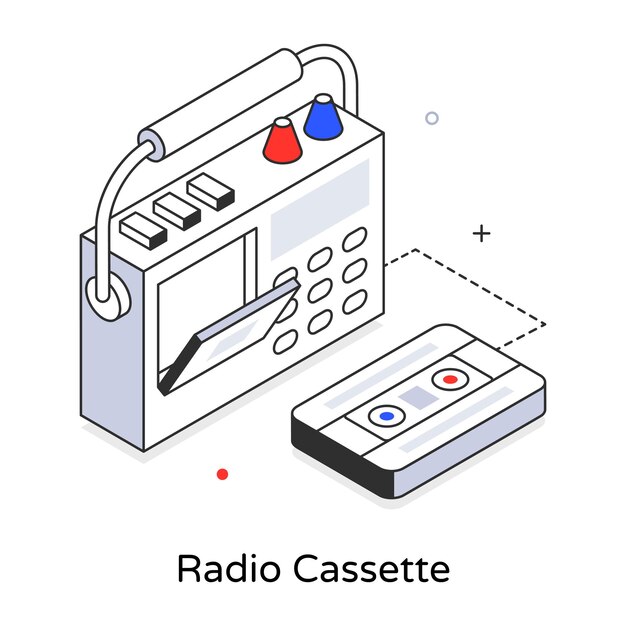 Se muestra un casete de radio con un casete y un botón rojo.