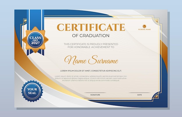 se muestra un certificado azul y dorado de graduación