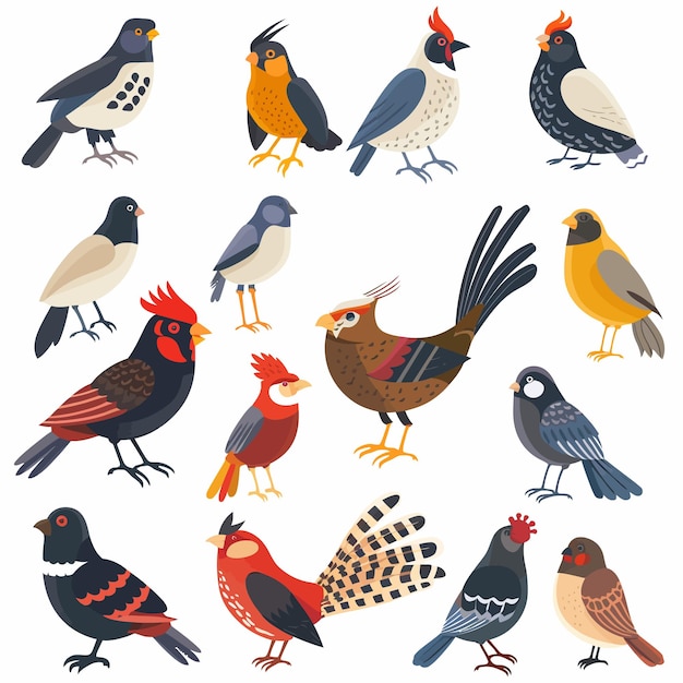 se muestra una colección de aves, incluida una con un rojo, negro y blanco