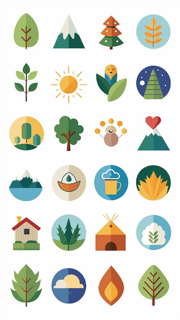 se muestra una colección de iconos que incluyen un sol, árboles y un sol