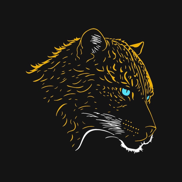 Se muestra un dibujo de un jaguar con ojos azules sobre un fondo negro.