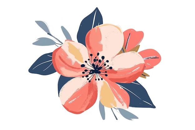 Se muestra una flor sentada sobre un fondo blanco al estilo de mary blair rojo claro y azul marino claro