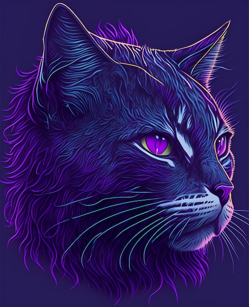 Se muestra un gato negro con ojos morados y amarillos sobre un fondo morado.