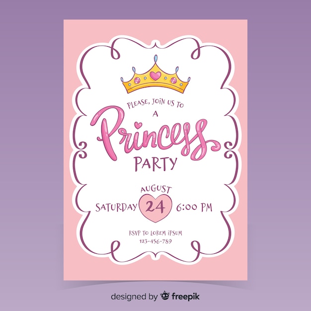 Vector muestra invitación fiesta de princesas dibujada a mano