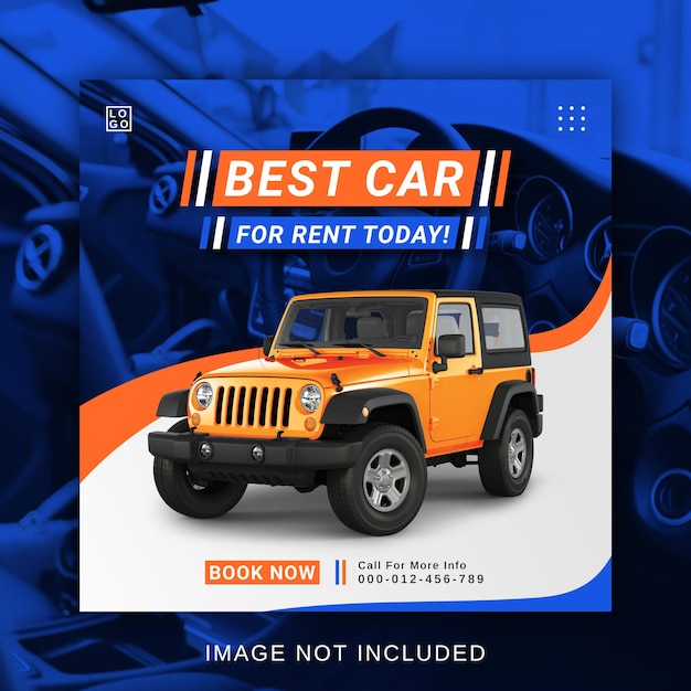 Vector se muestra un jeep en alquiler con un fondo azul y naranja.