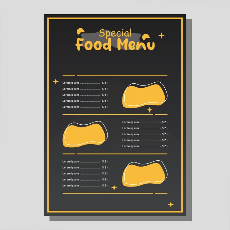 Vector se muestra un menú para un menú de comida especial sobre un fondo negro.