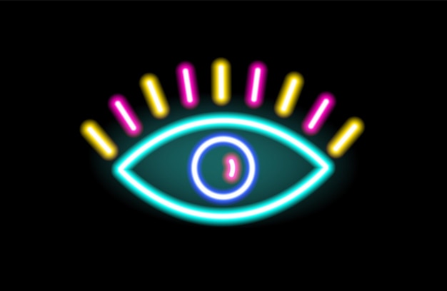 Muestra de neón del ojo que brilla intensamente en fondo negro. letrero retro fluorescente. elemento luminoso decorativo. señalización brillante brillante. ilustración de vector colorido.