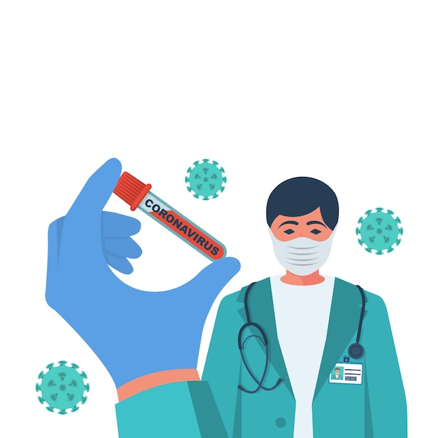 Muestra de sangre de coronavirus 2019-nCoV. Síndrome respiratorio por virus epidémico. Wuhan China. Médico con máscara de respirador con un resultado positivo de análisis de sangre. Diseño plano de ilustración vectorial.