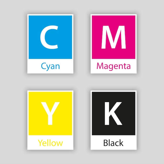 Vector muestra separada en color cmyk con el nombre del color aislado en fondo blanco cian magenta amarillo llave negra