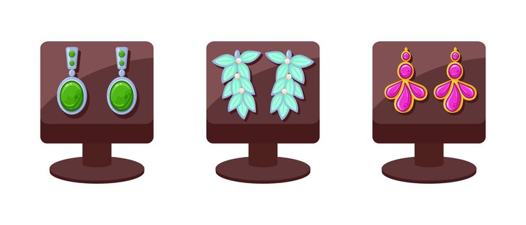 Vector muestra de la tienda de pendientes accesorios de joyería preciosos joyas glamurosas y joyería tienda de vitrales fija de ilustraciones vectoriales