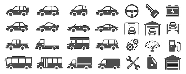 Se muestran diferentes iconos de vehículos, incluidos automóviles, camiones, autobuses y furgonetas, junto con símbolos de mantenimiento, como la llave del volante, la batería, el lavado de automóviles, el garaje y las herramientas.
