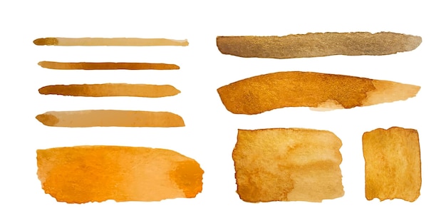 Muestras de acuarelas doradas marrones que muestran diferentes texturas y tonos para uso artístico