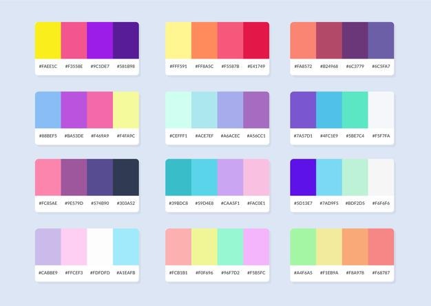 Muestras del catálogo de la paleta de colores Pantone en rgb hex