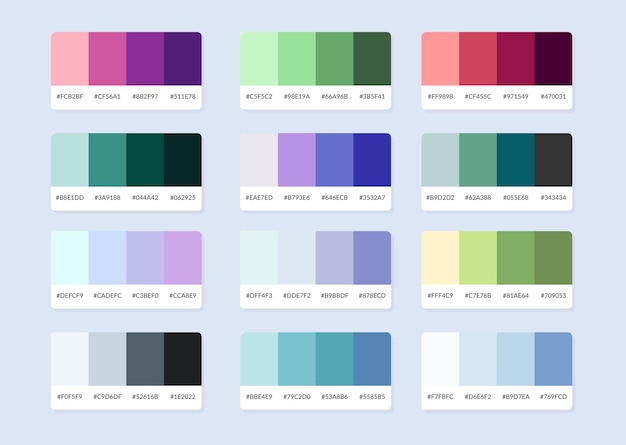 Muestras del catálogo de la paleta de colores Pantone en rgb hexadecimal