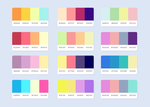 Muestras del catálogo de la paleta de colores Pantone en rgb hexadecimal