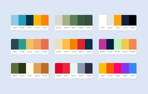 Muestras del catálogo de la paleta de colores Pantone en rgb hexadecimal