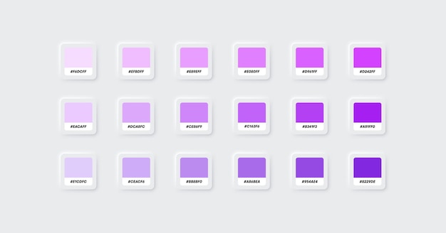Muestras de catálogo de paleta de colores púrpura y violeta en estilo RGB HEX Neumorfismo Vector EPS 10
