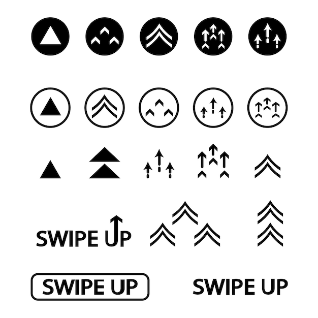 Muévase hacia arriba. Conjunto de flechas y botones para redes sociales. Conjunto de iconos de deslizar hacia arriba aislados sobre fondo blanco para blogger de diseño de historias, pictograma de desplazamiento. Iconos de contorno en color negro
