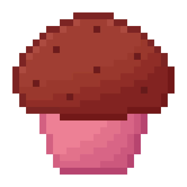 muffin de chocolate pixel art cupcake con chip de chocolate estilo de juego de arcade de los años 80 y 90