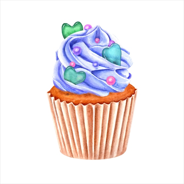 Muffin con crema batida azul con salpicaduras dulces caramelo en forma de corazón pastel en envoltorio de papel