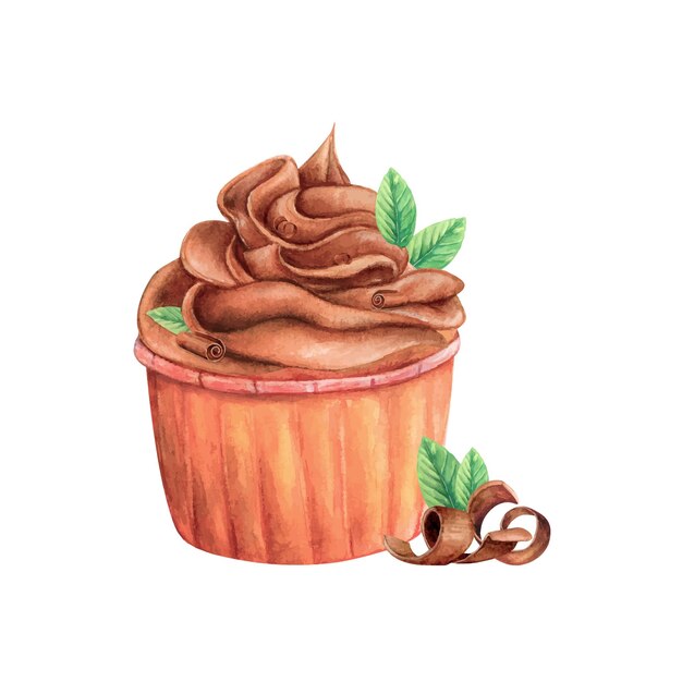 Muffin crema de pastel acuarela dibujo dulces rollo de chocolate hoja de menta en espiral pastel de panadería sabroso