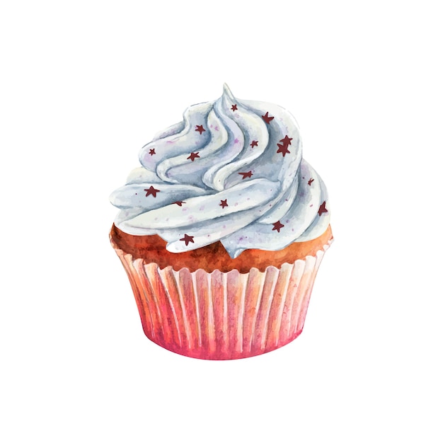 Muffin crema de pastel acuarela dibujo de vainilla estrella pastel dulces sabrosos postres ilustración de cumpleaños