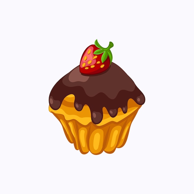 Muffin glaseado de chocolate de estilo de dibujos animados con icono de vector de fresa aislado sobre fondo blanco