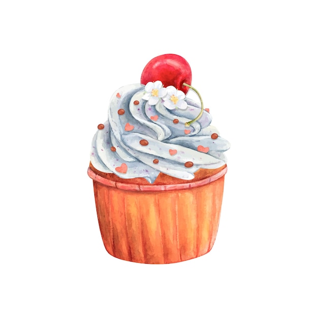 Muffin de pastel de crema acuarela dibujo de vainilla pastel de cereza batido dulces delicioso postre