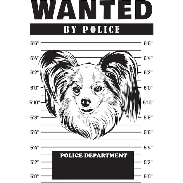 Vector mugshot de papillon dog sosteniendo pancarta tras las rejas